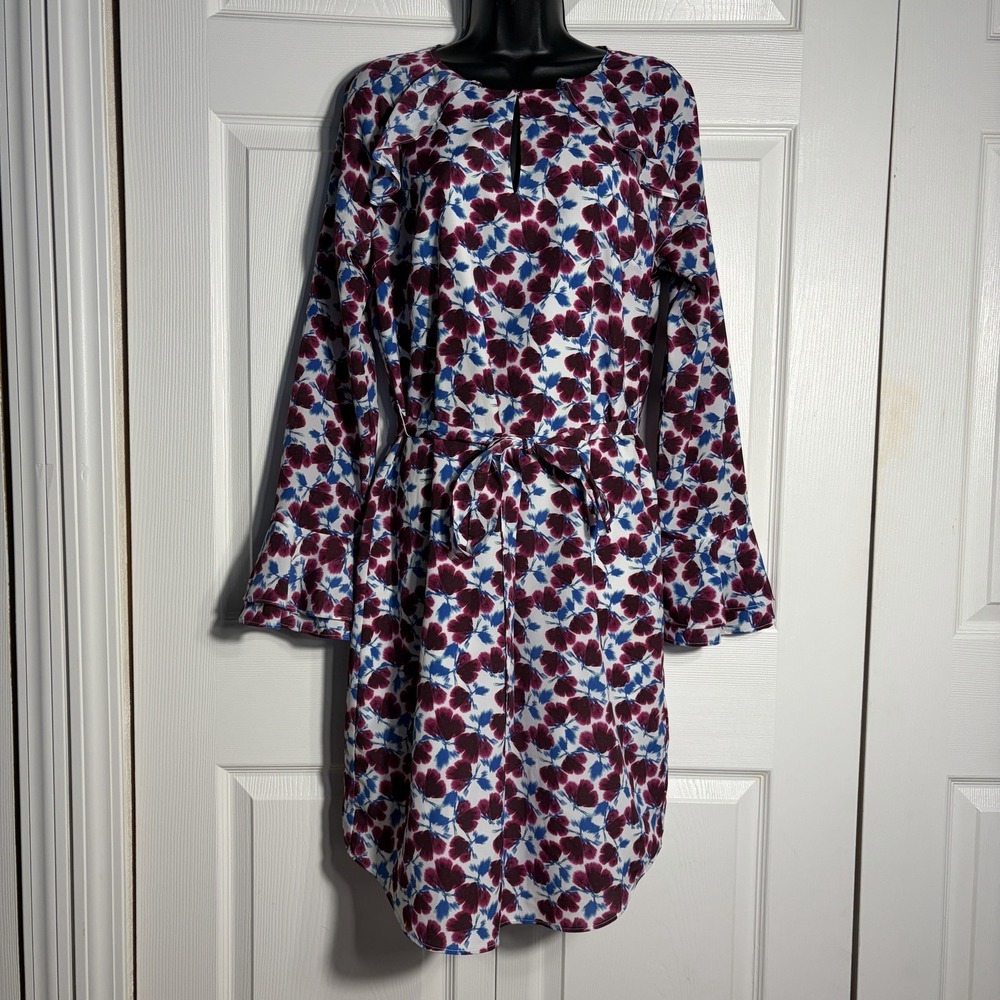 Banana Republic Floral Dress Women M White Purple Long Bell Sleeve Ruffle Belted